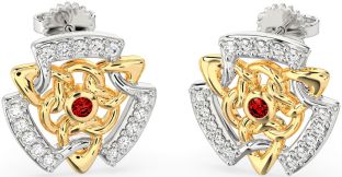 Diamond Garnet White Yellow Gold Celtic Stud Earrings