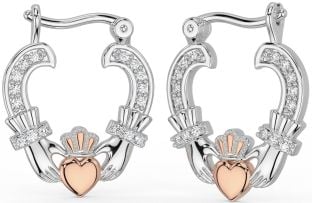 Diamante Bianco Rosa Oro Claddagh Cerchio Orecchini