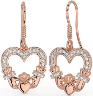 Diamond Rose Gold Silver Claddagh Dangle Earrings