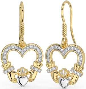 Diamond Gold Silver Claddagh Dangle Earrings