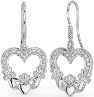 Diamond Silver Claddagh Dangle Earrings