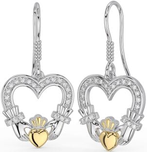 Diamant Weiß Gelb Gold Claddagh Baumeln Ohrringe