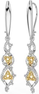 Diamond Gold Silver Claddagh Celtic Trinity Knot Dangle Earrings