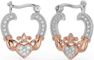 Diamond Rose Gold Silver Claddagh Hoop Earrings