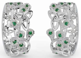 Emerald Silver Shamrock Celtic Trinity Knot Stud Earrings