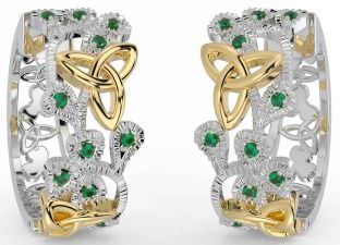 Emerald White Yellow Gold Shamrock Celtic Trinity Knot Stud Earrings