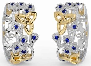 Sapphire White Yellow Gold Shamrock Celtic Trinity Knot Stud Earrings