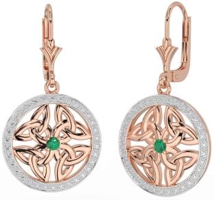 Emerald Rose Gold Celtic Trinity Knot Dangle Earrings