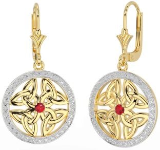 Ruby Gold Celtic Trinity Knot Dangle Earrings