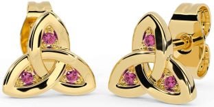 Pink Tourmaline Gold Celtic Trinity Knot Stud Earrings