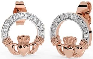 Diamond Rose Gold Silver Claddagh Stud Earrings