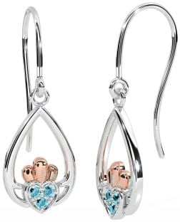 Aquamarine Rose Gold Silver Claddagh Dangle Earrings