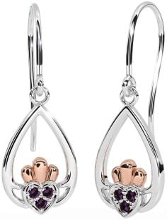 Alexandrite Rose Gold Silver Claddagh Dangle Earrings