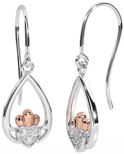 Diamond Rose Gold Silver Claddagh Dangle Earrings