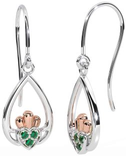 Emerald Rose Gold Silver Claddagh Dangle Earrings
