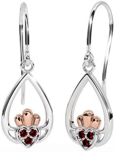 Granat Rose Gold Silber Claddagh Baumeln Ohrringe