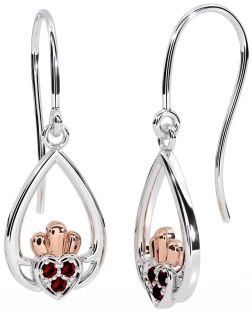 Garnet Rose Gold Silver Claddagh Dangle Earrings