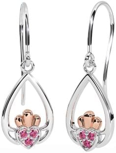 Rosa Turmalin Rose Gold Silber Claddagh Baumeln Ohrringe