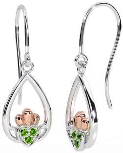Peridot Rose Gold Silver Claddagh Dangle Earrings