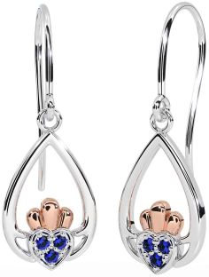 Sapphire Rose Gold Silver Claddagh Dangle Earrings