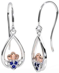 Sapphire Rose Gold Silver Claddagh Dangle Earrings