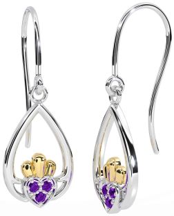 Amethyst Gold Silver Claddagh Dangle Earrings