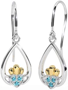 Aquamarine Gold Silver Claddagh Dangle Earrings