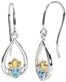 Aquamarine Gold Silver Claddagh Dangle Earrings