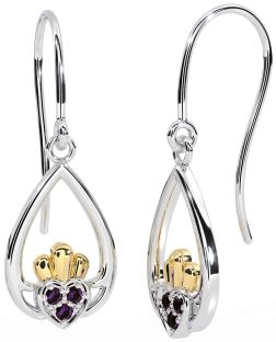 Alexandrite Gold Silver Claddagh Dangle Earrings