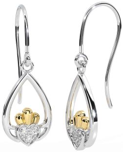 Diamond Gold Silver Claddagh Dangle Earrings