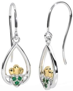 Emerald Gold Silver Claddagh Dangle Earrings
