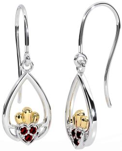 Garnet Gold Silver Claddagh Dangle Earrings