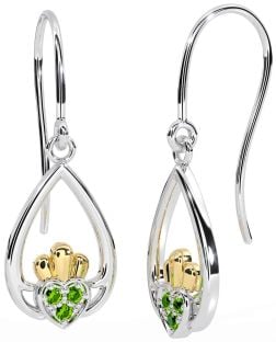 Peridot Gold Silver Claddagh Dangle Earrings