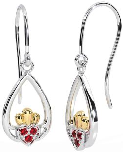 Ruby Gold Silver Claddagh Dangle Earrings