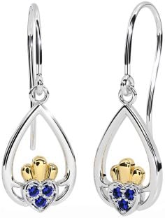 Sapphire Gold Silver Claddagh Dangle Earrings