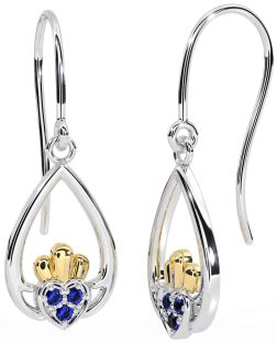 Sapphire Gold Silver Claddagh Dangle Earrings