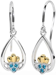 Topaz Gold Silver Claddagh Dangle Earrings