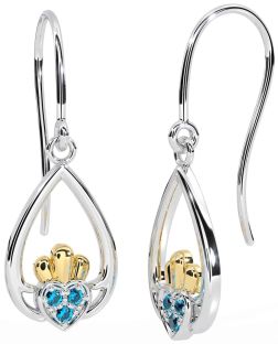 Topaz Gold Silver Claddagh Dangle Earrings