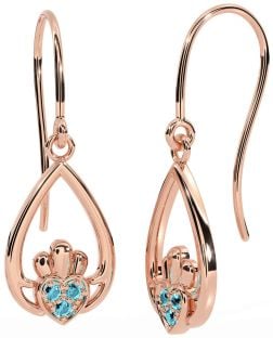Aquamarine Rose Gold Silver Claddagh Dangle Earrings