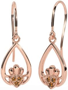 Citrine Rose Gold Silver Claddagh Dangle Earrings