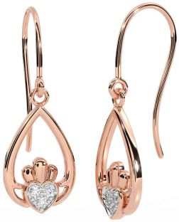 Diamond Rose Gold Silver Claddagh Dangle Earrings
