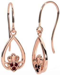 Garnet Rose Gold Silver Claddagh Dangle Earrings