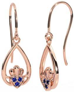Sapphire Rose Gold Silver Claddagh Dangle Earrings