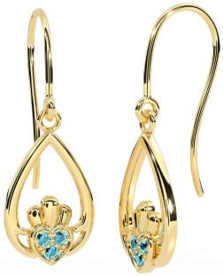 Aquamarine Gold Silver Claddagh Dangle Earrings