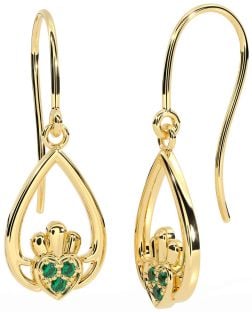 Emerald Gold Silver Claddagh Dangle Earrings