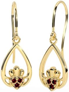 Garnet Gold Silver Claddagh Dangle Earrings