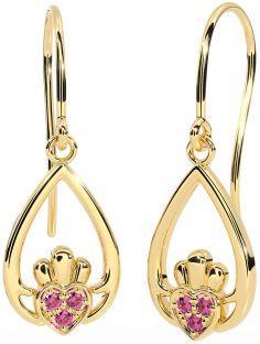 Pink Tourmaline Gold Silver Claddagh Dangle Earrings