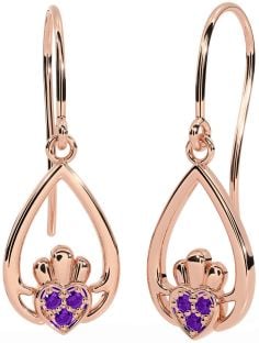 Amethyst Rose Gold Claddagh Dangle Earrings