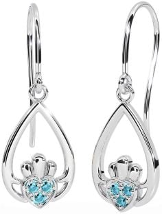 Aquamarine Silver Claddagh Dangle Earrings