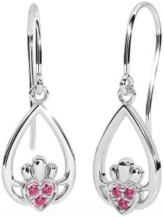 Pink Tourmaline Silver Claddagh Dangle Earrings